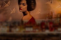 a painting of a woman with origami cranes in the background