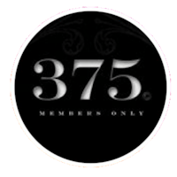 a black and white logo with the words 375 members only